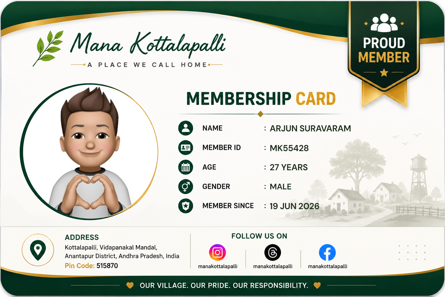 Mana Kottalapalli Membership Card Sample